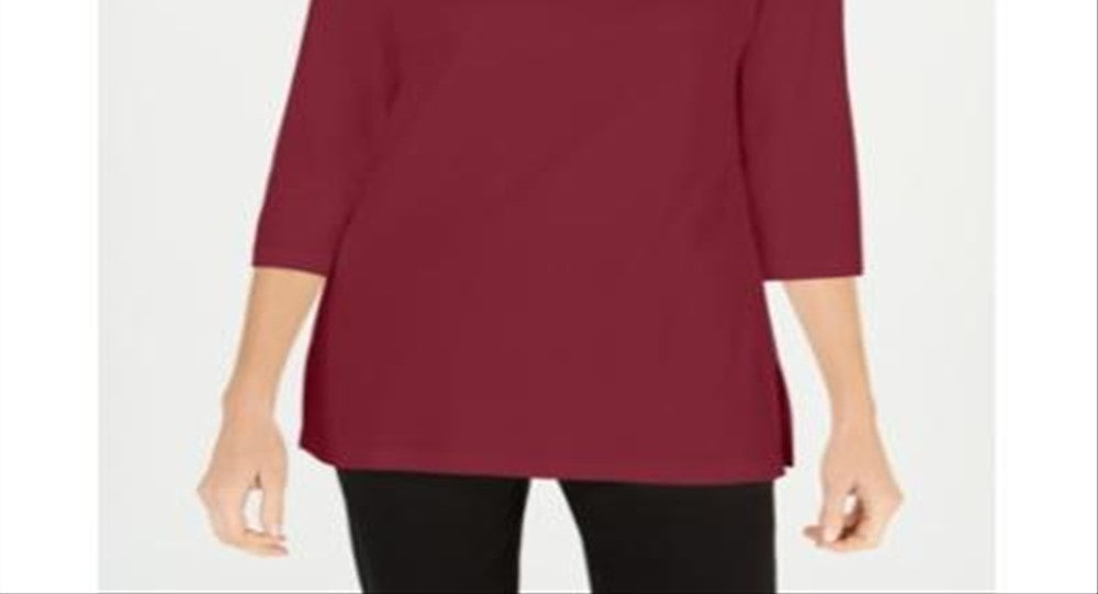 Karen Scott Blusa de malha feminina de algodão com decote canoa e manga 3/4, vermelha, tamanho X-S