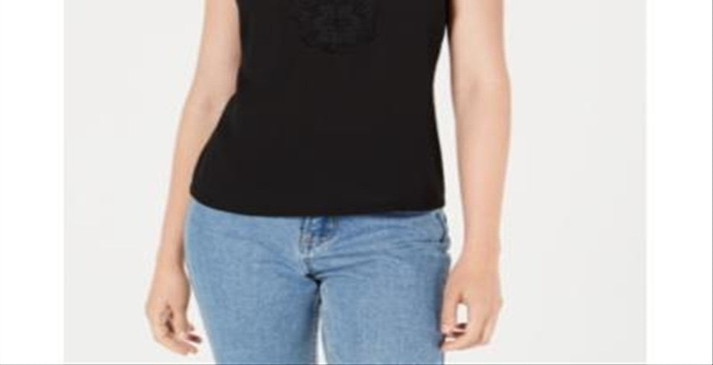 Camisola feminina Bar III com acabamento em renda e cruzado, preta, tamanho extrapequeno