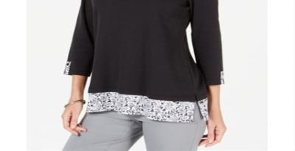 Blusa feminina Karen Scott com acabamento estampado, preta, tamanho pequeno GG