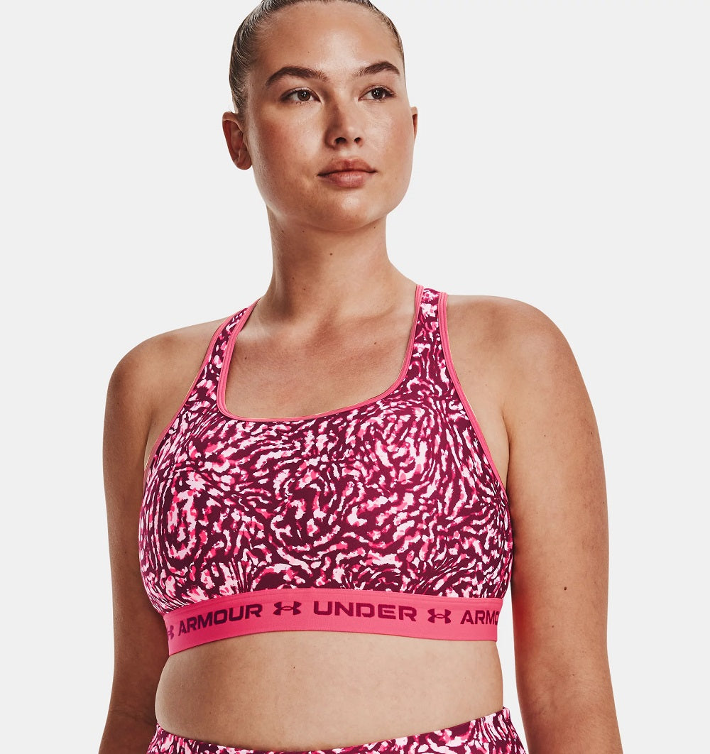 Sutiã esportivo Under Armour HeatGear feminino com estampa cruzada nas costas, tamanho médio, roxo