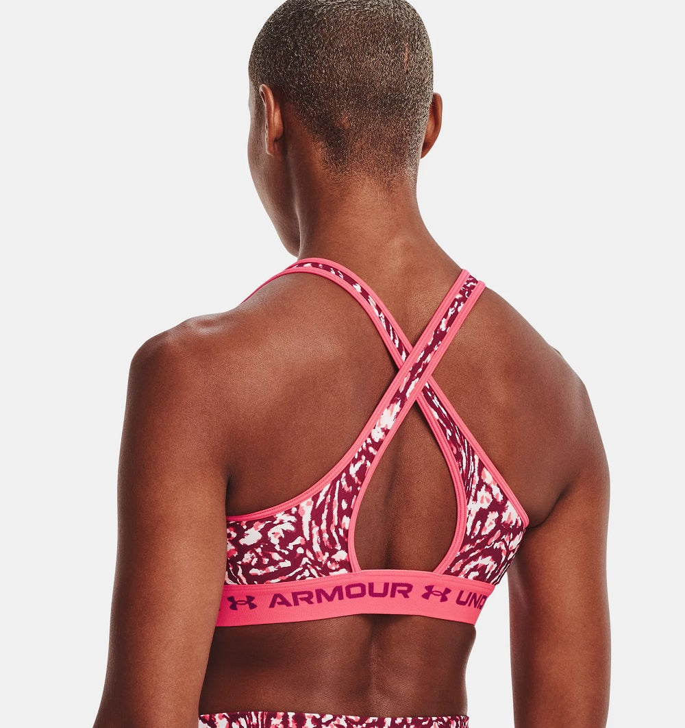 Sutiã esportivo Under Armour HeatGear feminino com estampa cruzada nas costas, tamanho médio, roxo