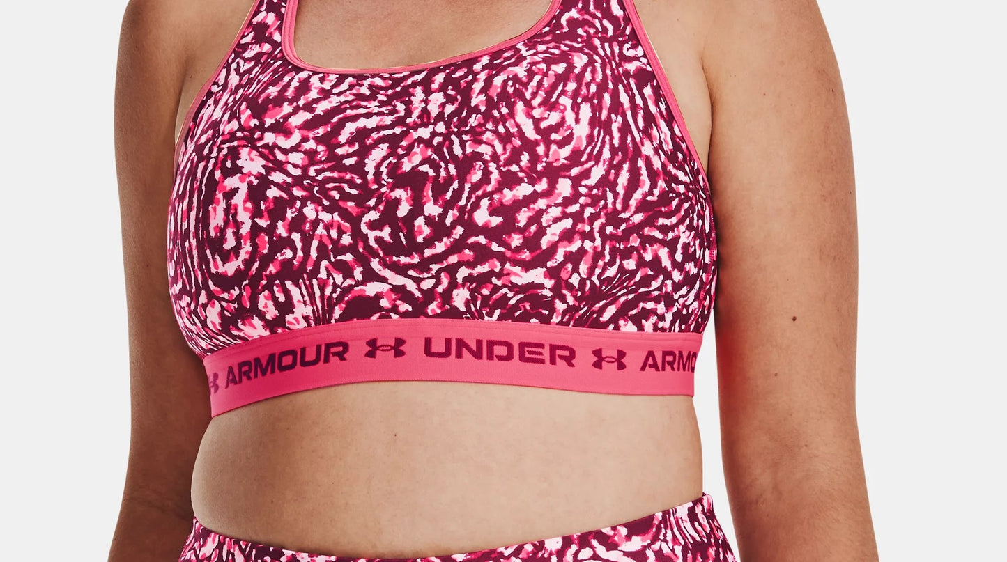 Sutiã esportivo Under Armour HeatGear feminino com estampa cruzada nas costas, tamanho médio, roxo