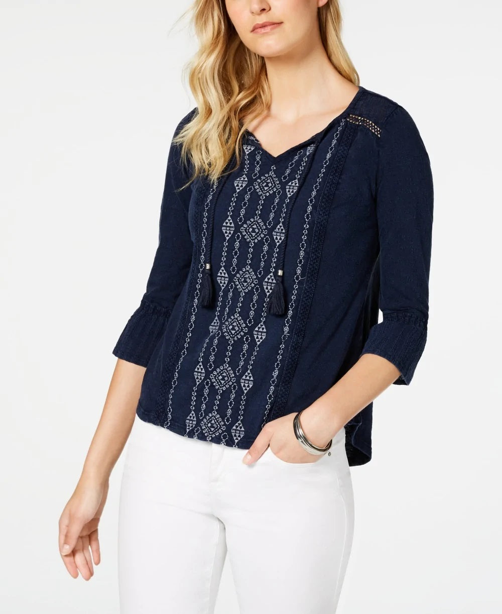 Top feminino estilo camponês azul tamanho X-S