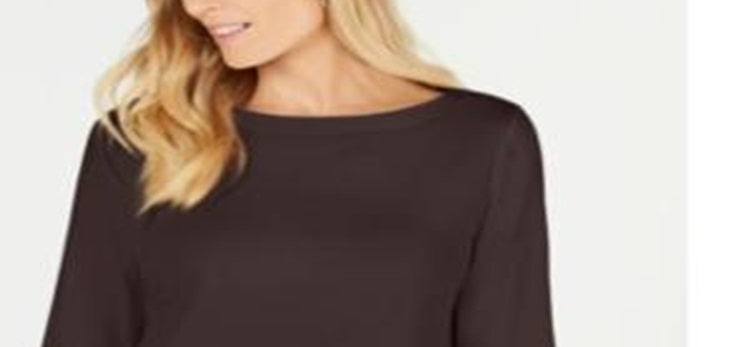 Karen Scott Blusa de malha feminina de algodão com decote canoa e manga 3/4, marrom, tamanho pequeno