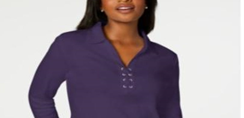 Camisa feminina Karen Scott de algodão com cadarço, roxa, tamanho grande