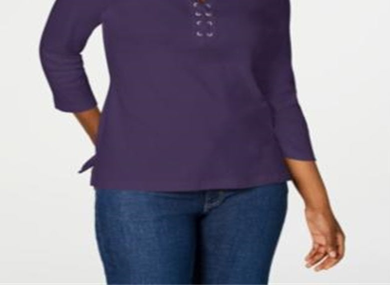 Camisa feminina Karen Scott de algodão com cadarço, roxa, tamanho grande