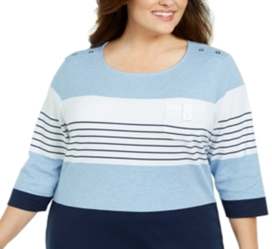 Karen Scott Blusa Feminina Decote Redondo Colorblock Azul Tamanho 1X