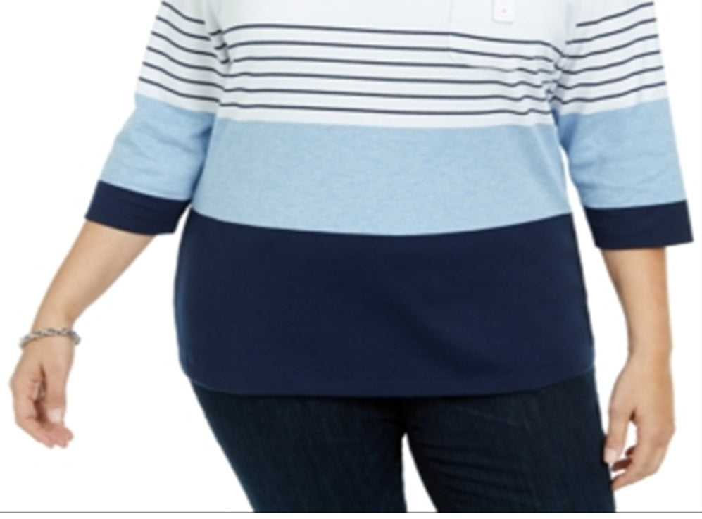 Karen Scott Blusa Feminina Decote Redondo Colorblock Azul Tamanho 1X