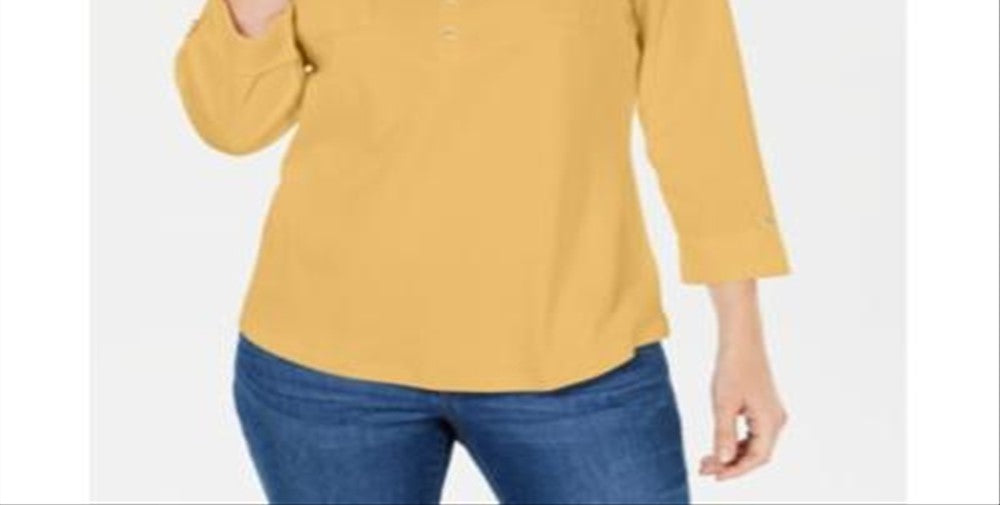 Camisa utilitária feminina Karen Scott de algodão com gola Johnny, amarela, tamanho pequeno