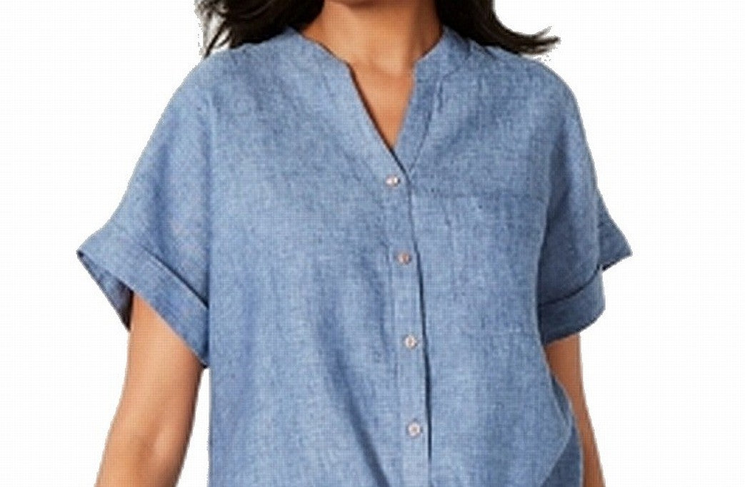 Blusa feminina Charter Club com botões frontais e bainha amarrada, azul, tamanho médio