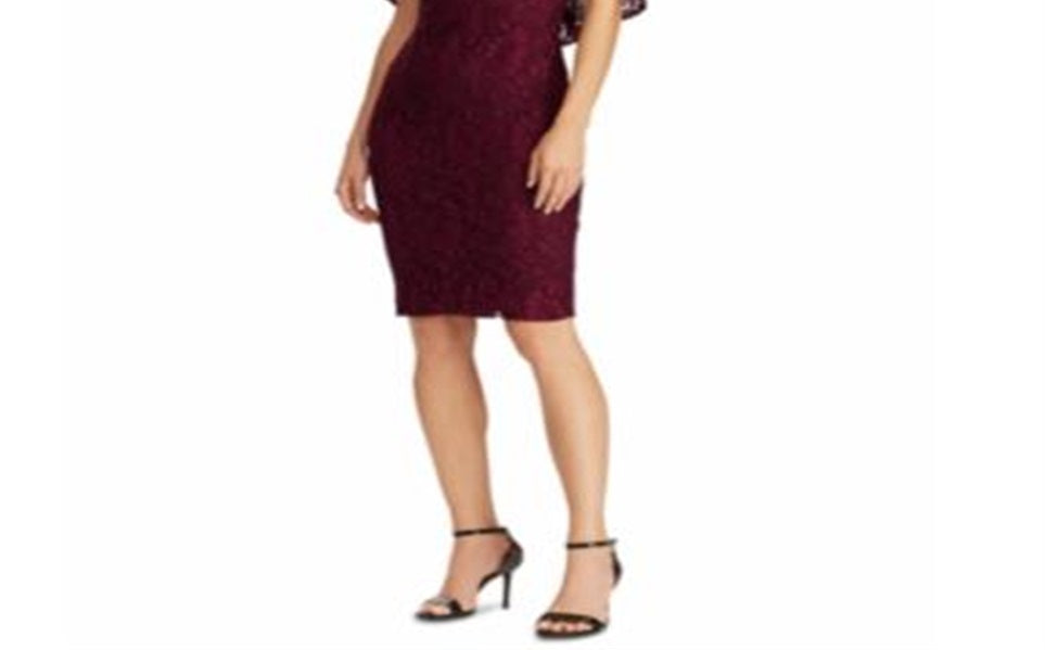 Vestido de renda com sobreposição de capa Ralph Lauren feminino, tamanho 2, cor merlot