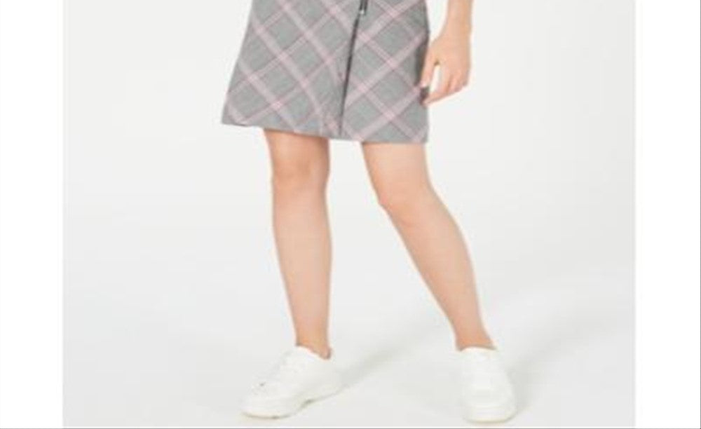 Saia xadrez feminina Bar III com zíper e detalhes, preta/vermelha, tamanho 14