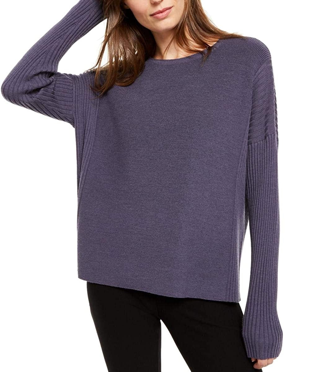 Suéter feminino Eileen Fisher de lã merino canelada, roxo, tamanho grande