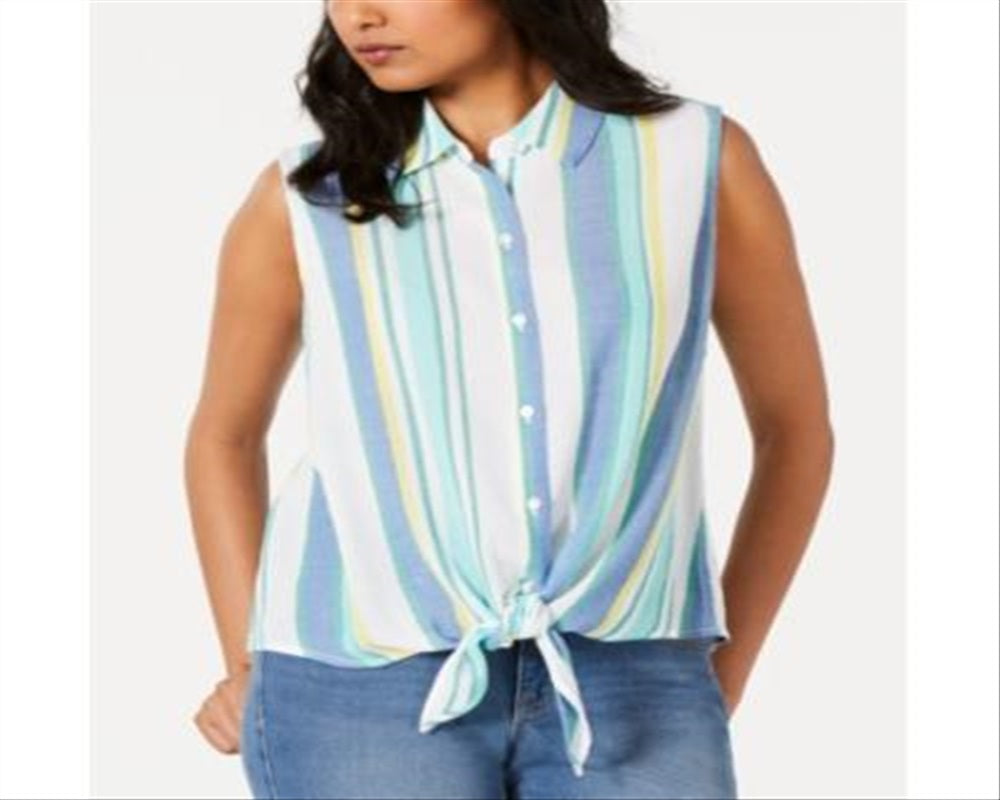 Charter Club Blusa feminina com botões e gola sem mangas, branca, tamanho extragrande