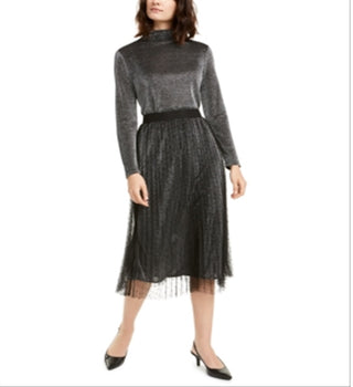 Alfani Women's Swiss Dot Metallic MIDI Skirt Gray Size Petite Small