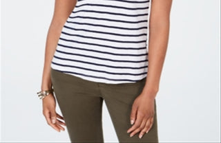 Charter Club Top listrado de crochê de algodão feminino, branco, tamanho médio