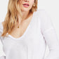 Blusa feminina de manga comprida com decote em V, branca, tamanho médio