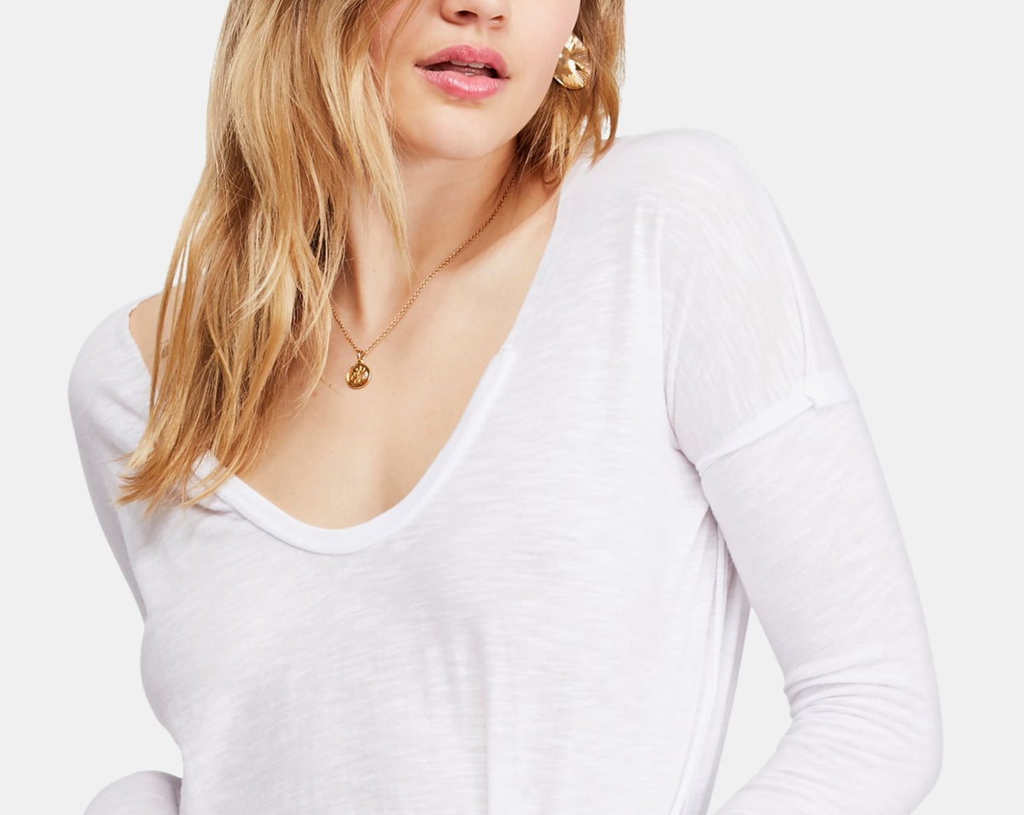 Blusa feminina de manga comprida com decote em V, branca, tamanho médio