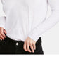 Blusa feminina de manga comprida com decote em V, branca, tamanho médio