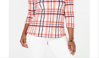 Charter Club Blusa feminina de algodão xadrez com gola canoa, rosa, tamanho médio