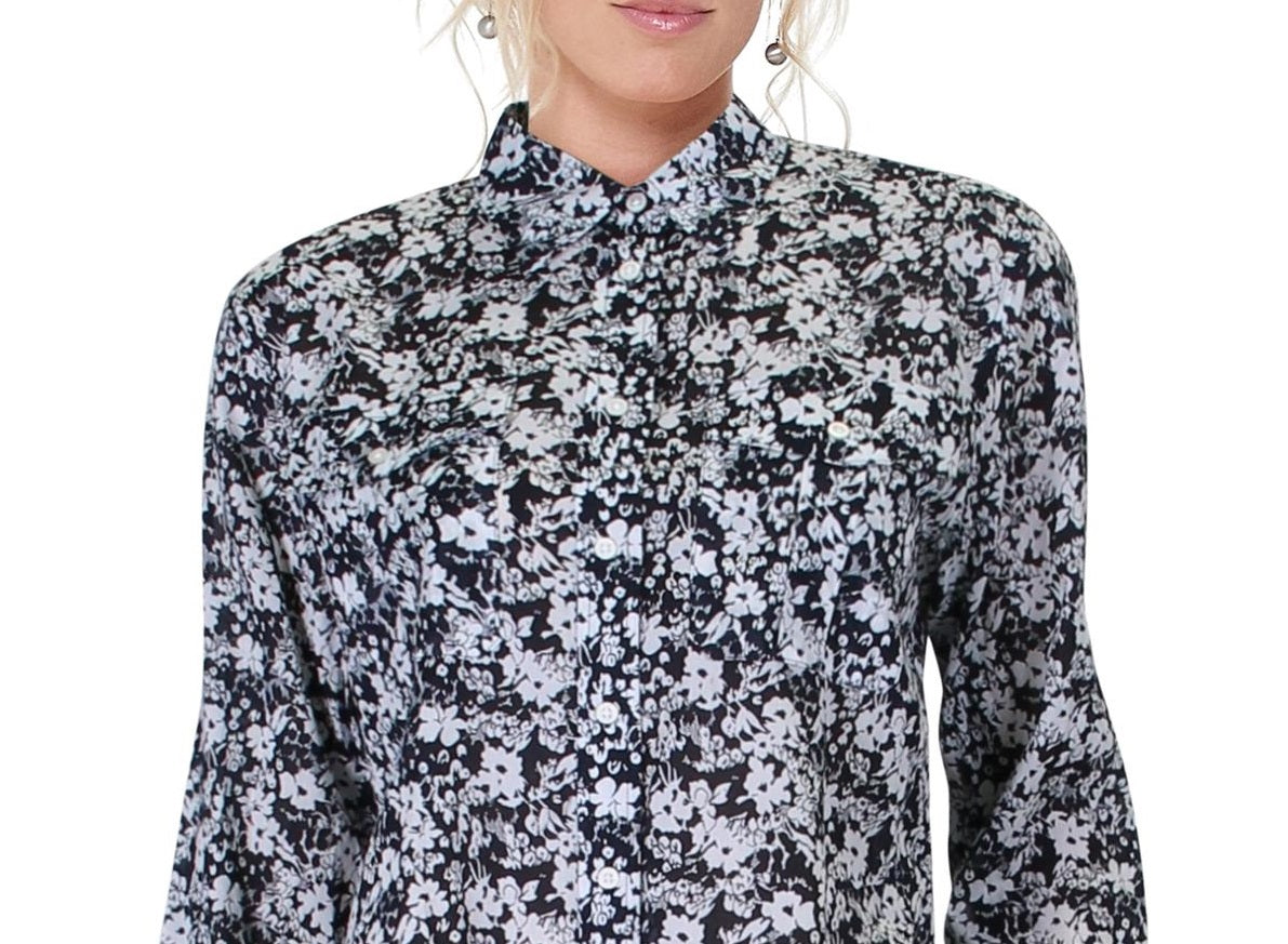 Ralph Lauren Feminino Courtenay Estampa Floral Gola Botões Blusa Azul Marinho - Creme Tamanho Médio