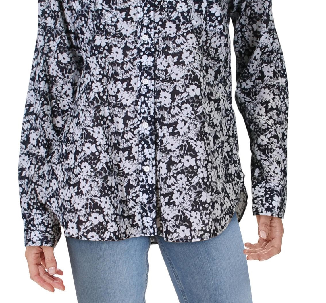 Ralph Lauren Feminino Courtenay Estampa Floral Gola Botões Blusa Azul Marinho - Creme Tamanho Médio