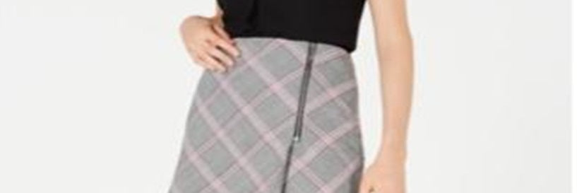 Saia xadrez feminina Bar III com zíper e detalhes, preta, tamanho 0