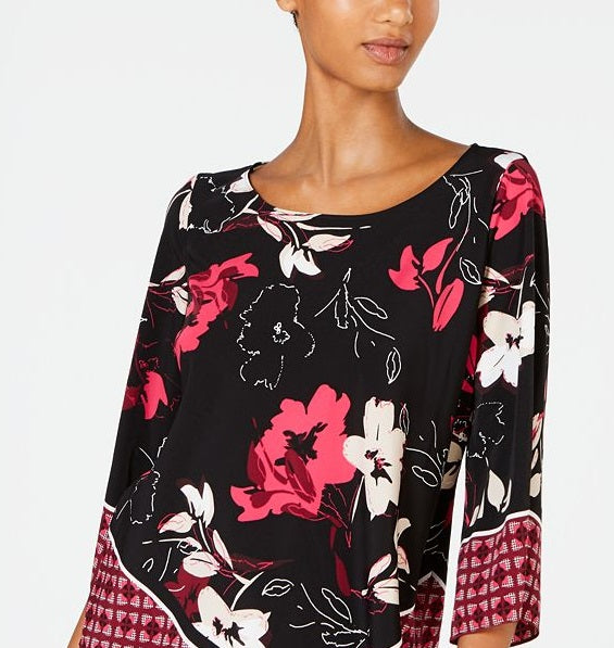 Blusa feminina Alfani com patch de borda em V, preta, tamanho pequeno M