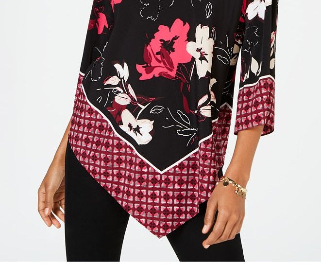 Blusa feminina Alfani com patch de borda em V, preta, tamanho pequeno M
