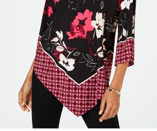 Blusa feminina Alfani com patch de borda em V, preta, tamanho pequeno M