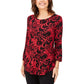 JM Collection Top feminino estampado com decote redondo pequeno, vermelho, tamanho pequeno
