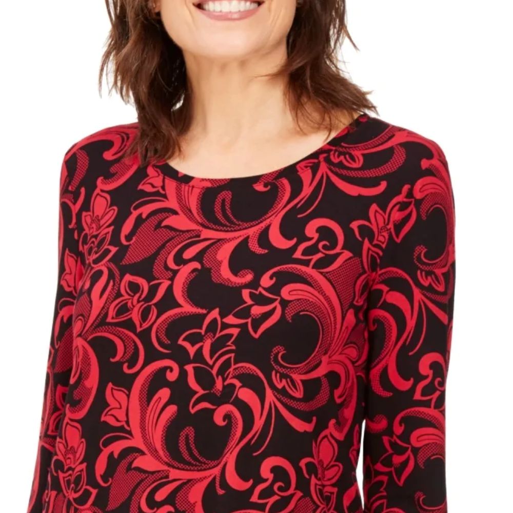 JM Collection Top feminino estampado com decote redondo pequeno, vermelho, tamanho pequeno