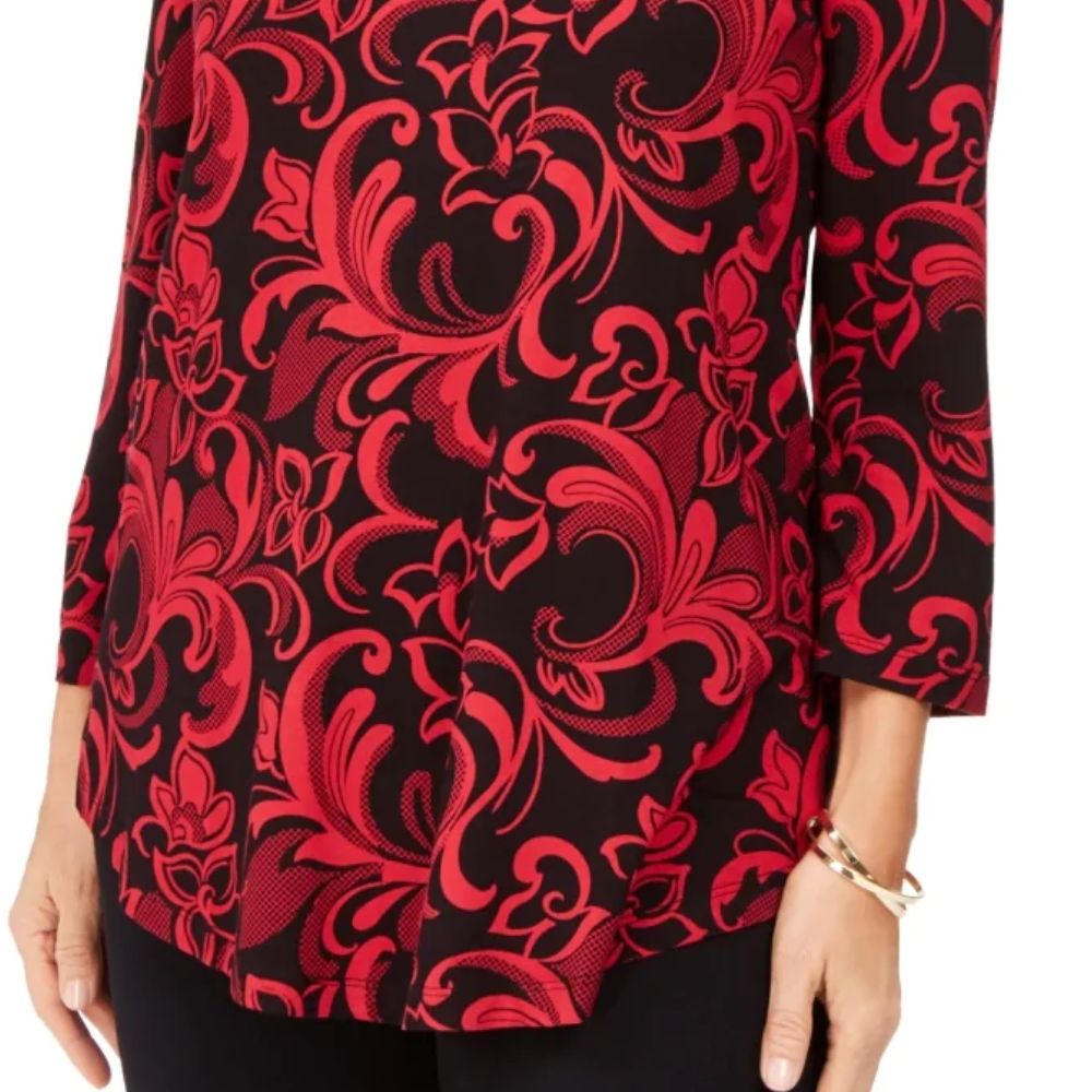 JM Collection Top feminino estampado com decote redondo pequeno, vermelho, tamanho pequeno