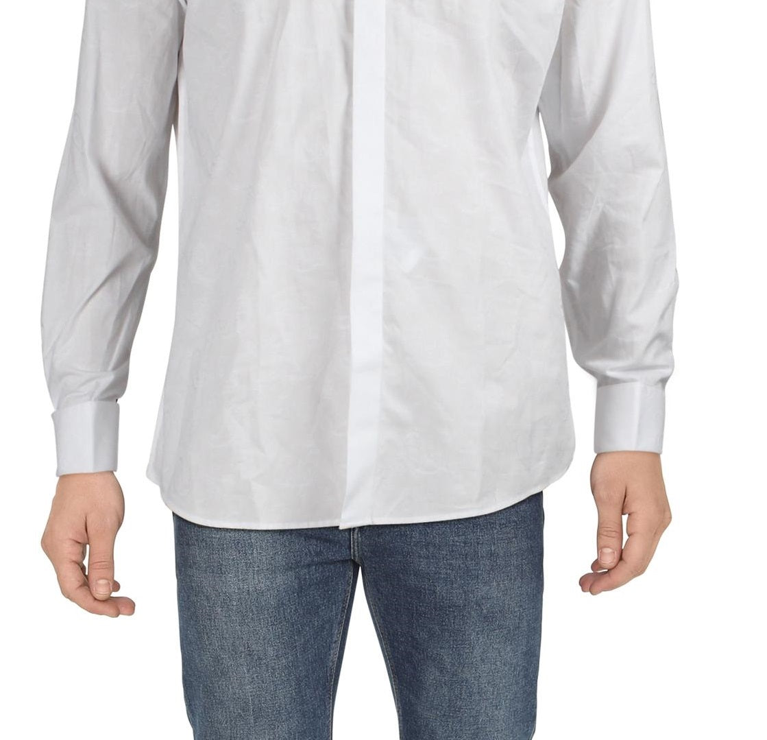 Camisa masculina de algodão estampado Bar III com botões, branca, tamanho GG