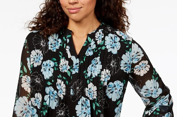 Top feminino estampado com pregas Charter Club, preto, tamanho grande