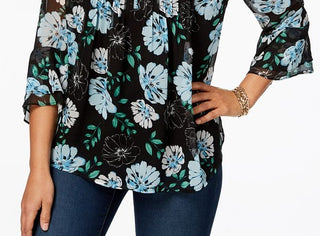 Top feminino estampado com pregas Charter Club, preto, tamanho grande