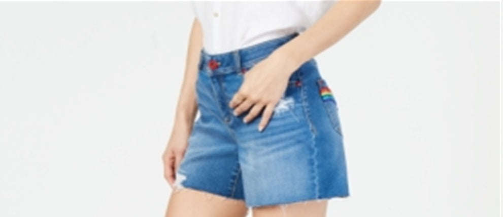 Shorts jeans femininos INC International Concepts com bainha crua e arco-íris, azul, tamanho 12