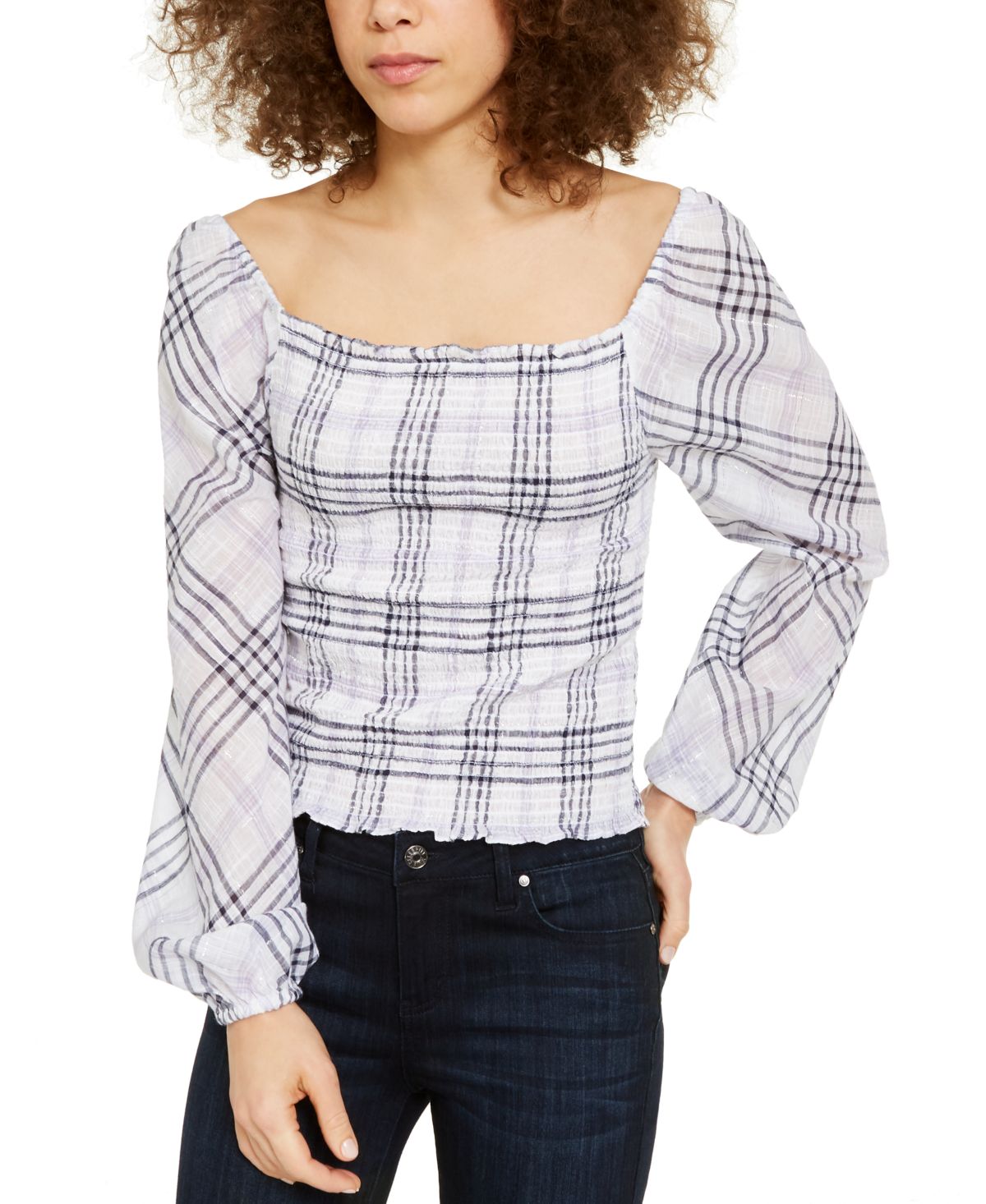 INC International Concepts Top xadrez metálico feminino branco tamanho pequeno extragrande