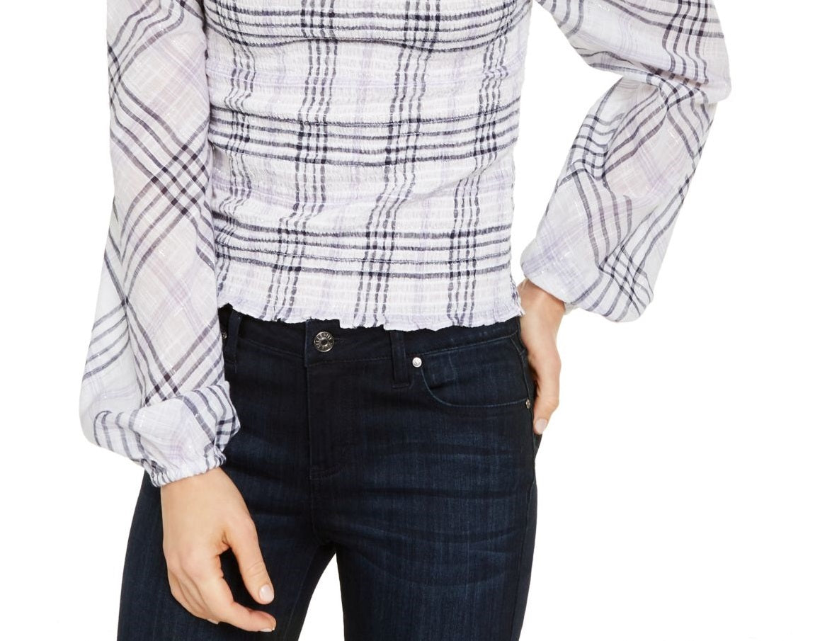 INC International Concepts Top xadrez metálico feminino branco tamanho pequeno extragrande