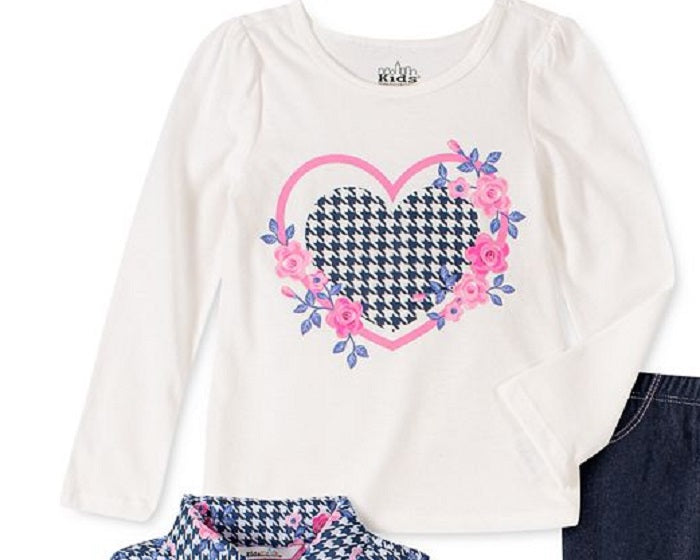 Conjunto infantil de 3 peças com colete pied-de-poule, camiseta e legging jeans, tamanho 6X, para meninas