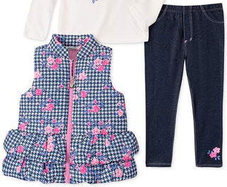 Conjunto infantil de 3 peças com colete pied-de-poule, camiseta e legging jeans, tamanho 6X, para meninas