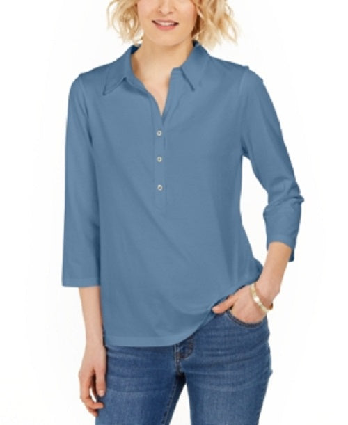 Camisa polo feminina Charter Club Supima Cotton manga 3/4 azul tamanho extragrande