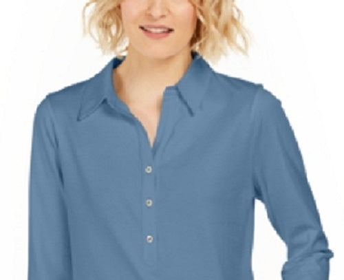 Camisa polo feminina Charter Club Supima Cotton manga 3/4 azul tamanho extragrande
