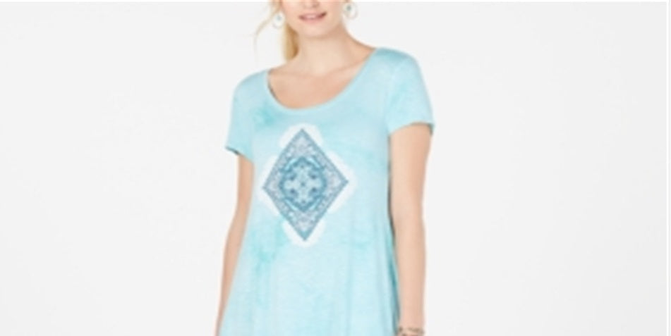 Vestido estilo camiseta feminino com decote redondo e estampa gráfica, azul, tamanho grande