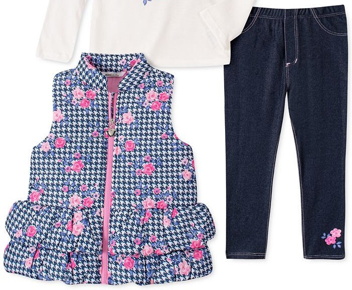 Conjunto infantil Headquarters para meninas, 3 peças, colete pied-de-poule, camiseta e legging jeans, azul, tamanho 6