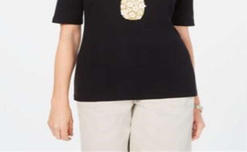 Camiseta feminina Karen Scott de algodão com estampa gráfica de abacaxi, preta, tamanho X-S