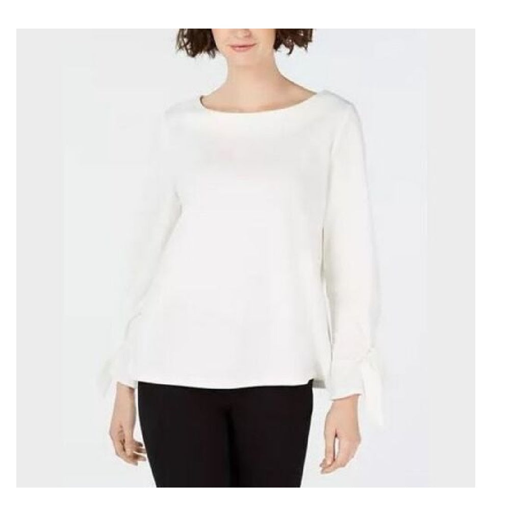 Charter Club Blusa feminina com decote canoa e mangas amarradas, branca, tamanho médio