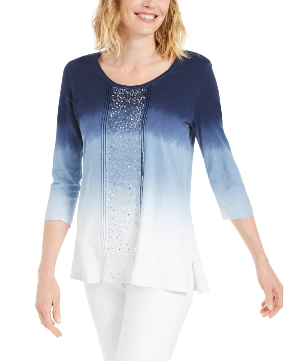 JM Collection Top Feminino com Decote Redondo e Lantejoulas Azul Tamanho Grande