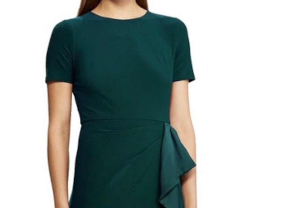 Vestido de festa Ralph Lauren feminino, com zíper, manga curta, gola alta, acima do joelho, tamanho 14, pequeno