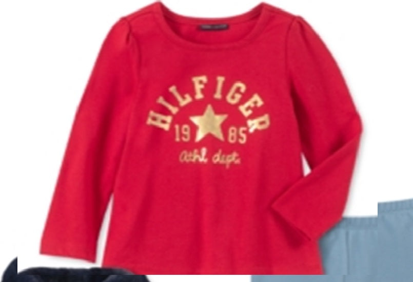 Tommy Hilfiger Conjunto de 3 peças com babados, gola de pele sintética, colete, top e leggings com logotipo, azul, tamanho 6